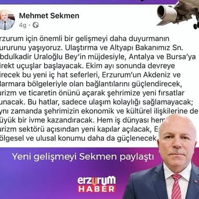 Erzurum'dan Antalya ve Bursa’ya Direkt Uçuşlar Başlayacak!