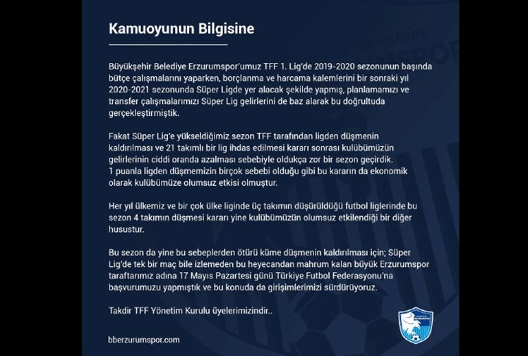 Erzurumspor Yönetimi Küme Düşme Bu Yılda Kaldırılsın