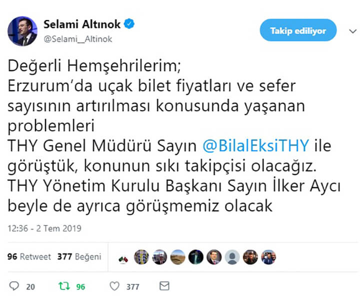Selami Altınok Erzurum Uçak Bilet Fiyatları Açıklama