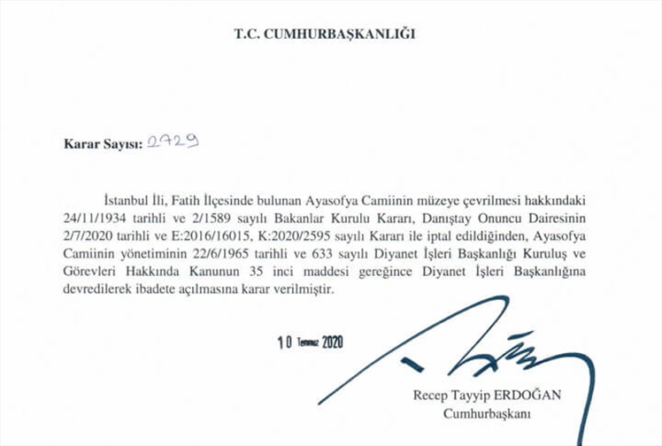 Ayasofya İbadet İçin Diyanet İşleri Başkanlığına Devredildi!