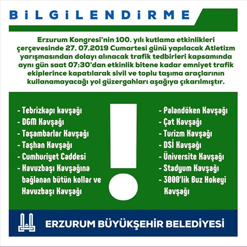 Erzurum'da Atletizim Yarışları Dolayısı İle Kapatılacak Yollar
